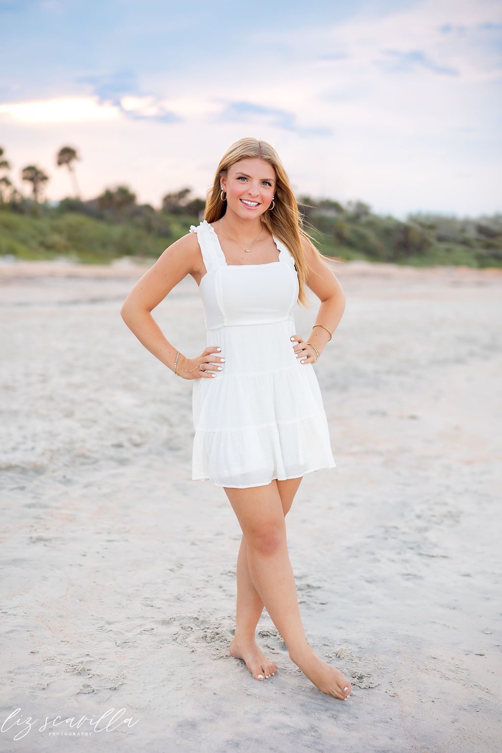 Ryann’s Ormond Beach senior photos in a white dress on the beach